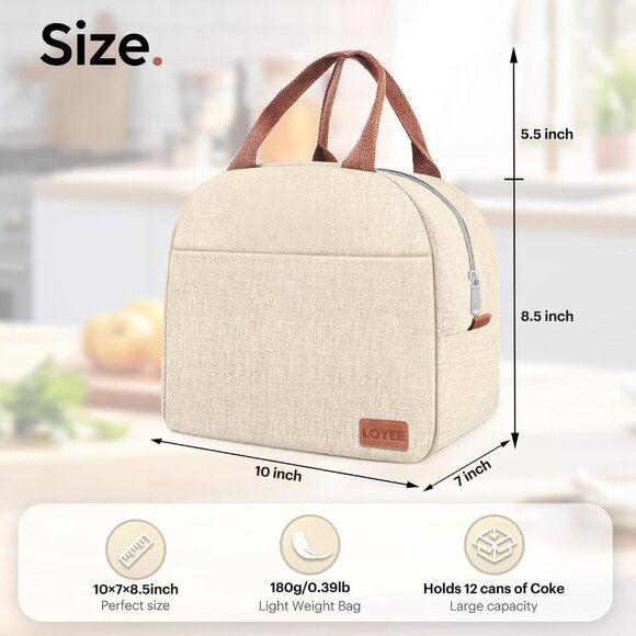 Large Insulated Lunch Bag for Women & Men, Leakproof Reusable Tote (Beige) - Picture 2 of 7